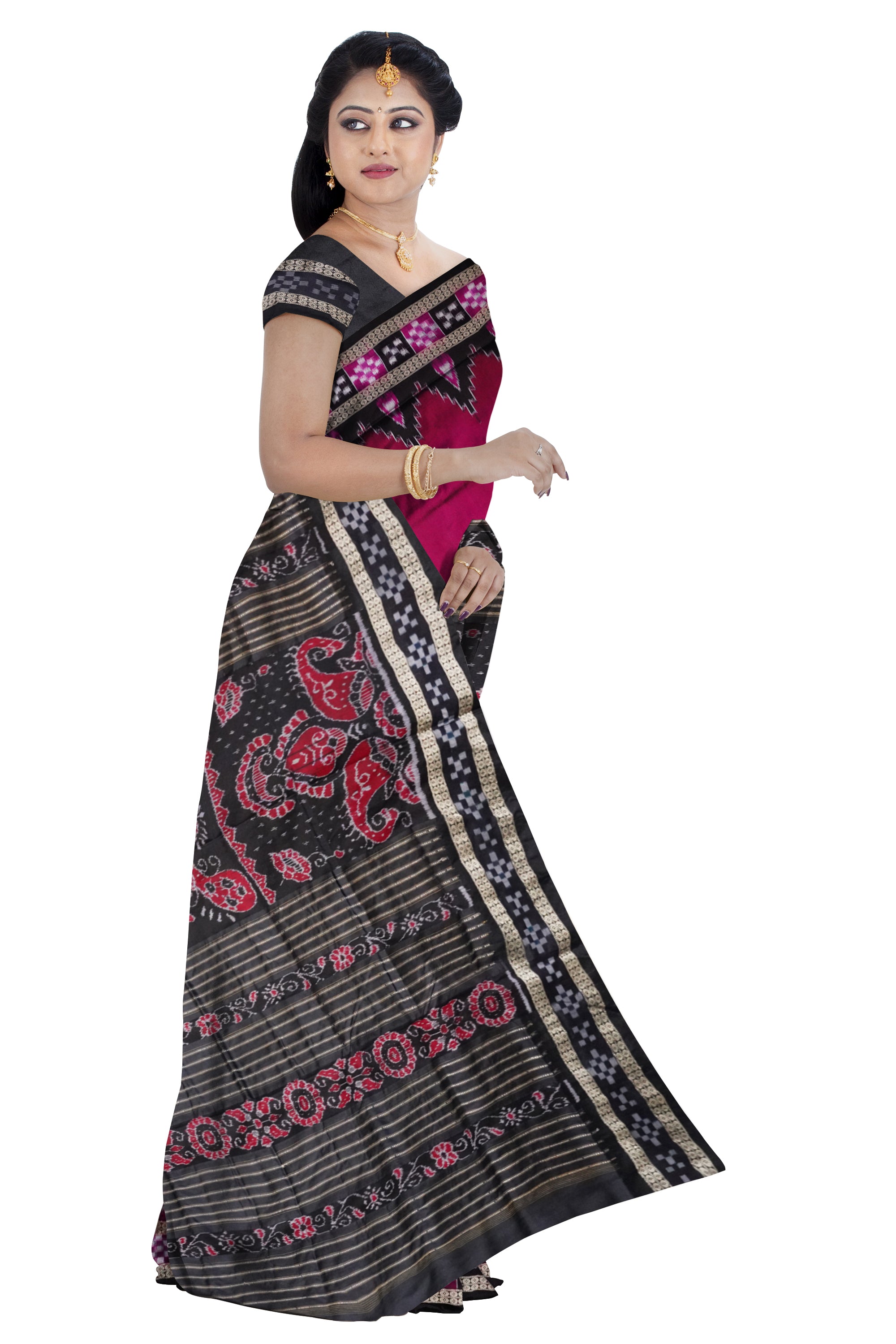 Pink and black color dhadi pasapali sambalpuri  pata saree. - Koshali Arts & Crafts Enterprise