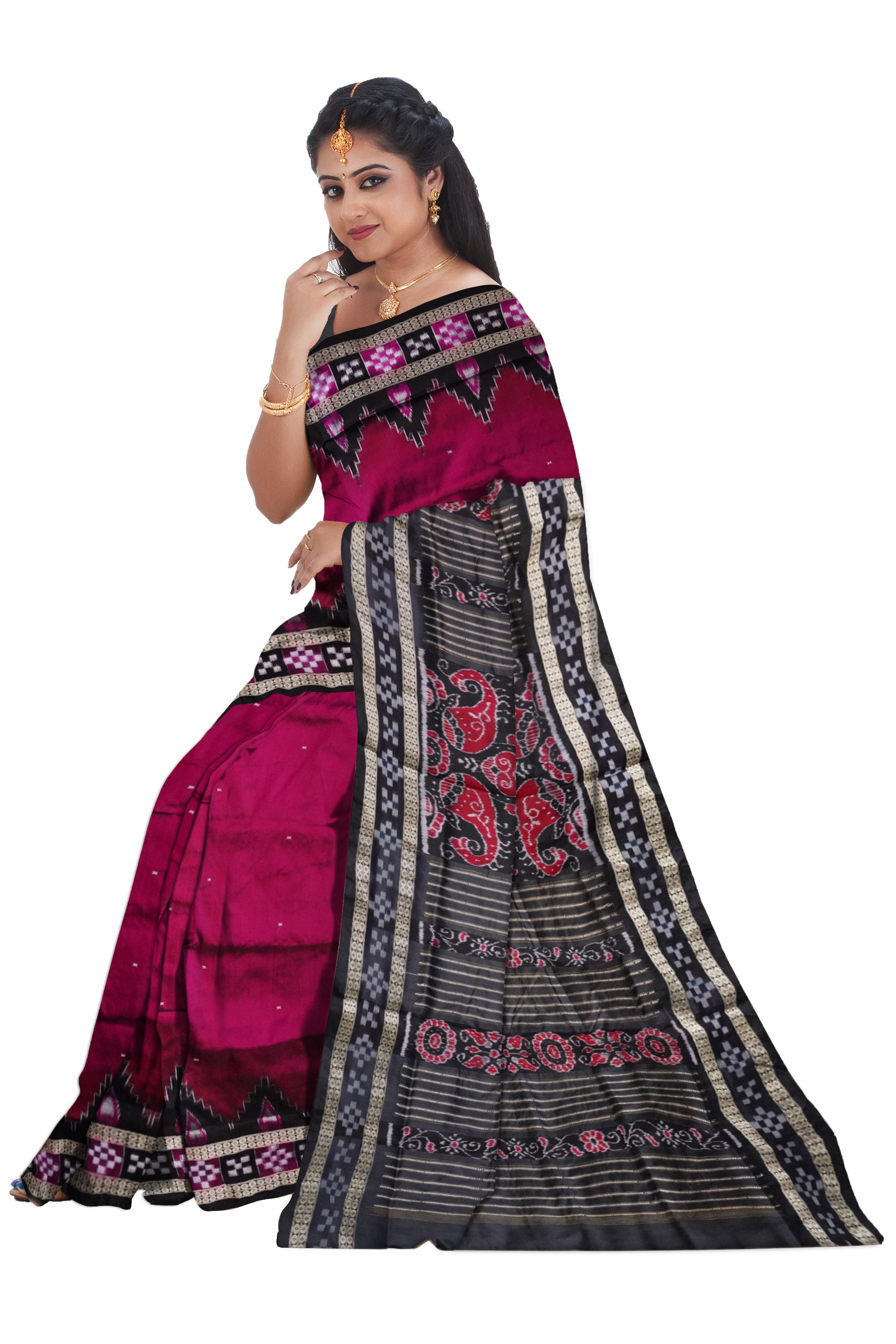 Pink and black color dhadi pasapali sambalpuri  pata saree. - Koshali Arts & Crafts Enterprise