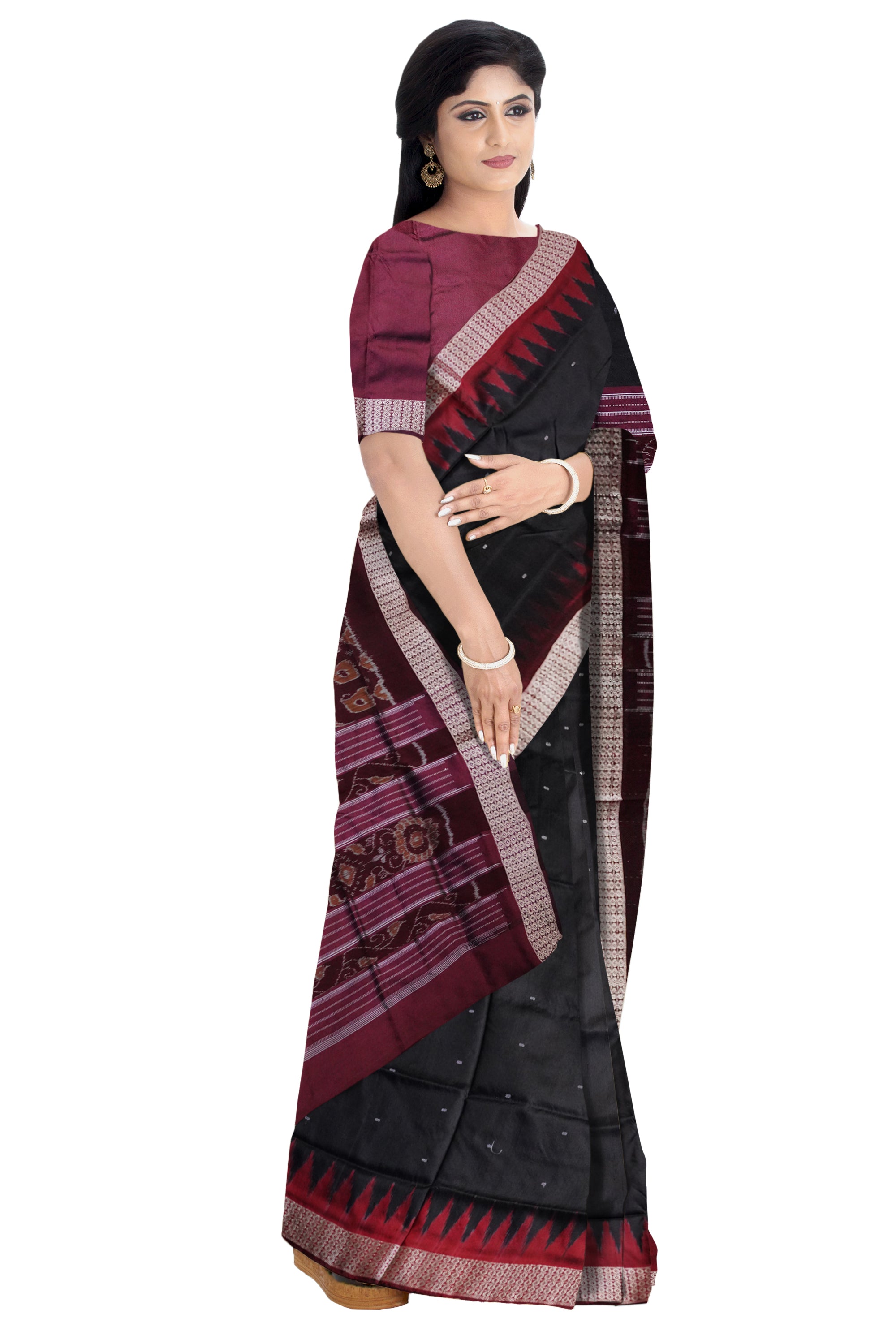 Pink color Plain body Sambalpuri Pata saree, with blouse piece.