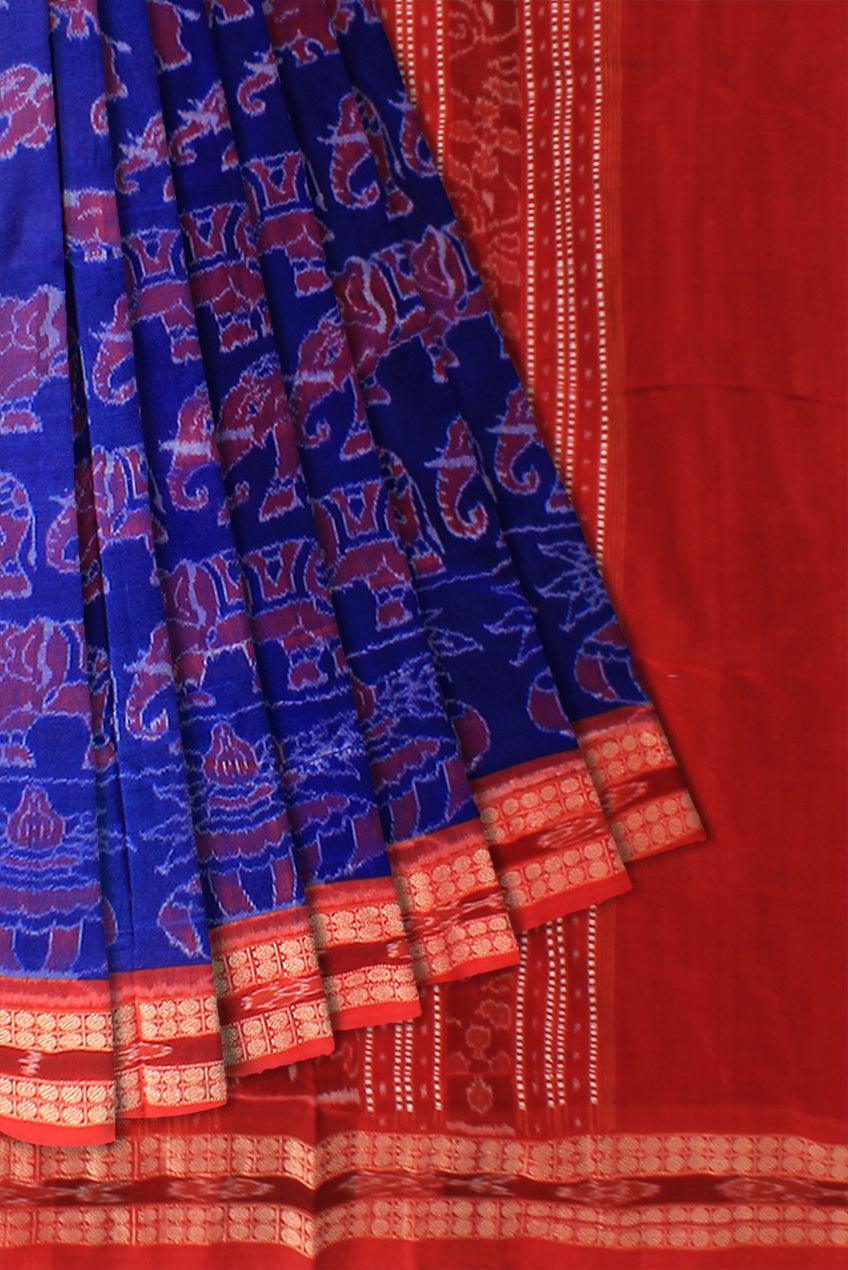 Auhentic Sambalpuri Cotton  saree in dark Red and Blue with blouse piece  Red color bamkei design, - Koshali Arts & Crafts Enterprise