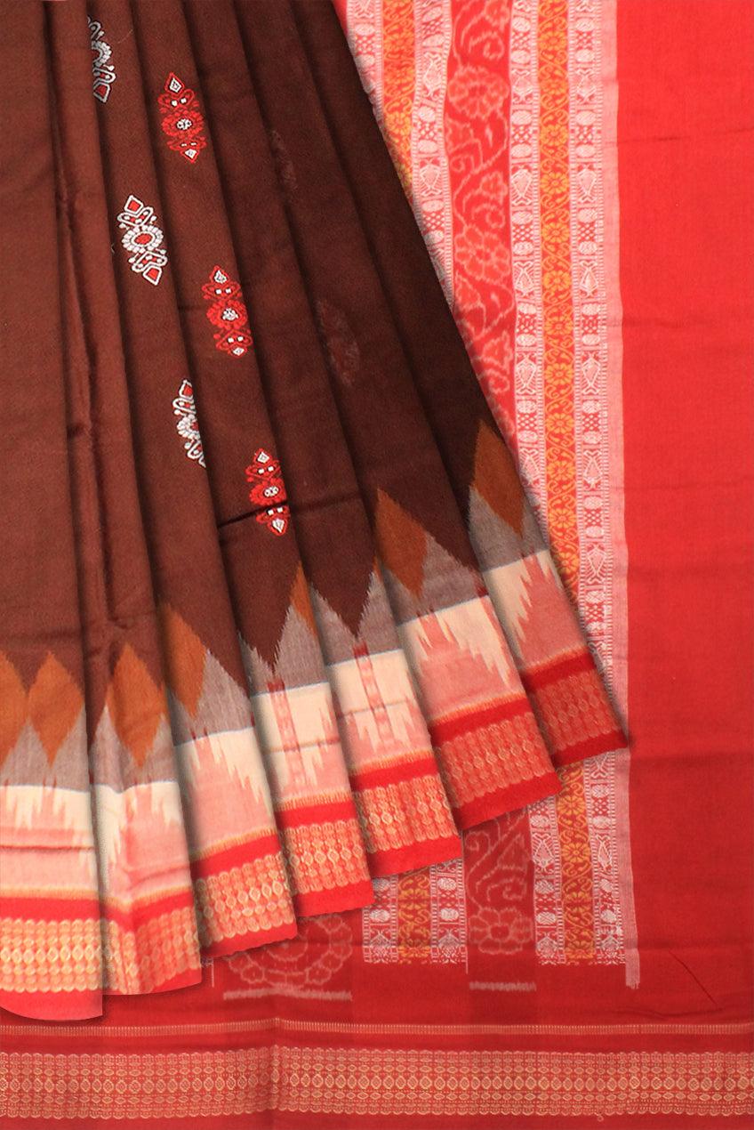 COTTON SAREE WITH FLORA PRINT IN BROWN AND RED AVAILABLE WITH BLOUSE PIECE - Koshali Arts & Crafts Enterprise