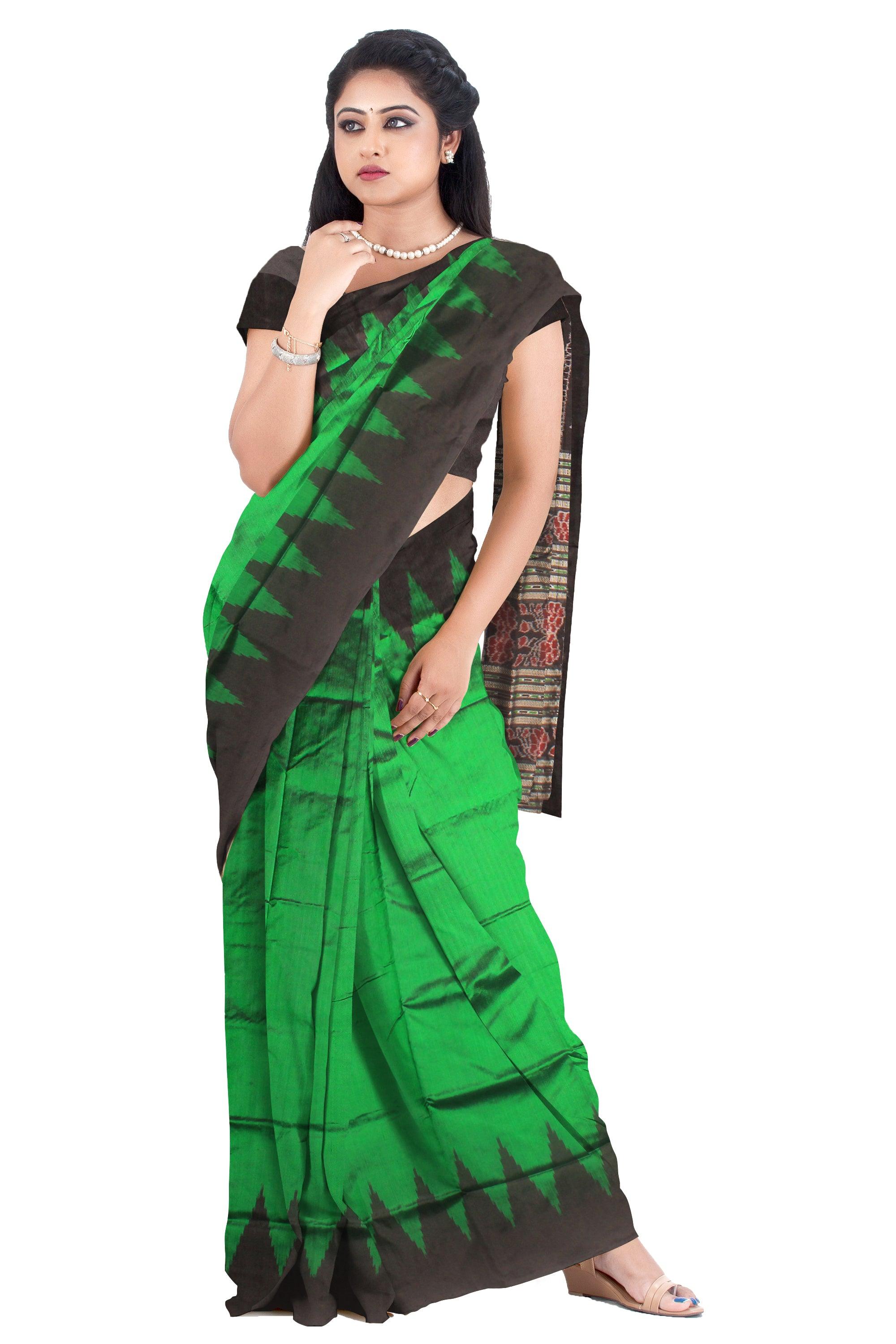 A plain design pata saree in Green colour with blouse piece. - Koshali Arts & Crafts Enterprise