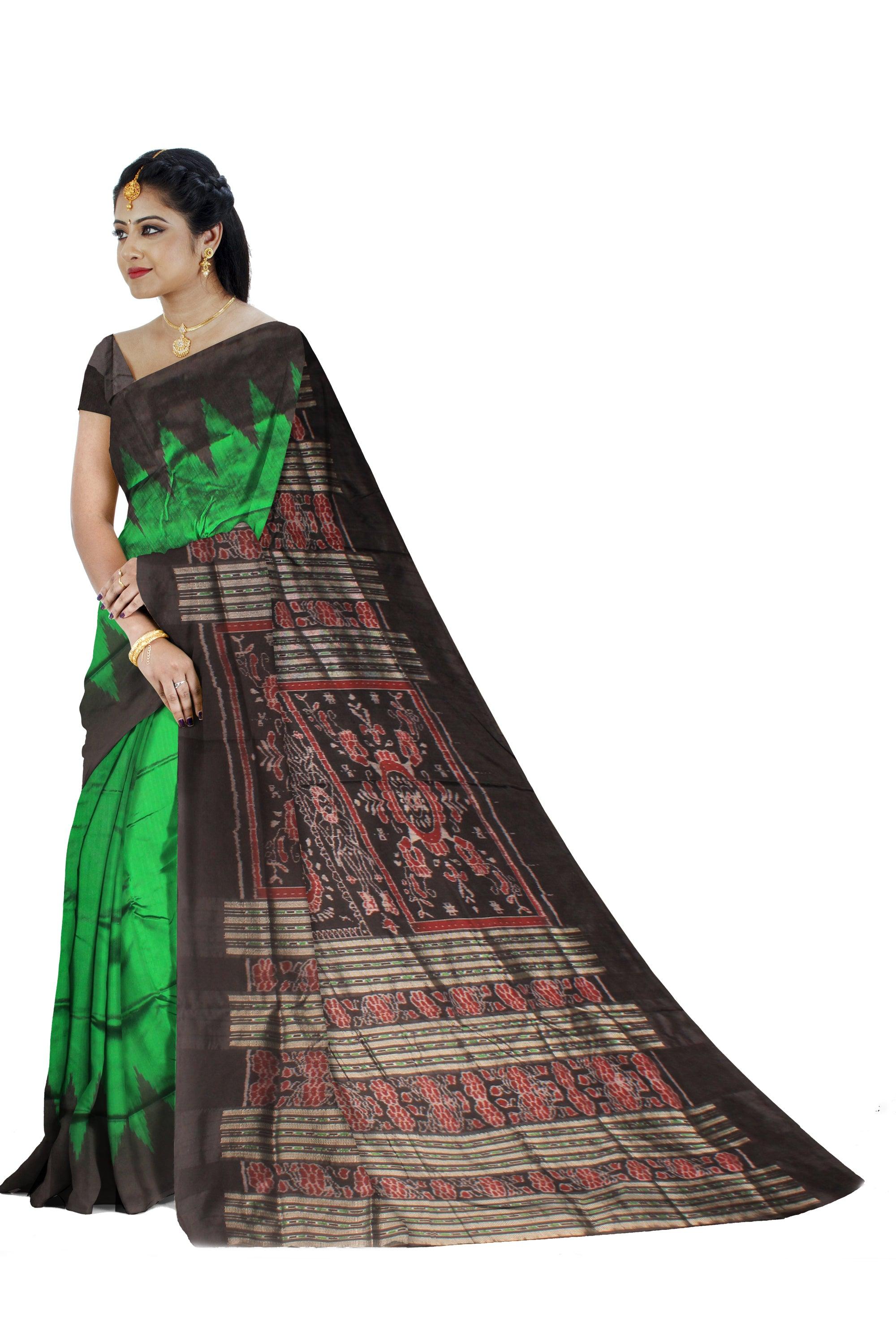 A plain design pata saree in Green colour with blouse piece. - Koshali Arts & Crafts Enterprise