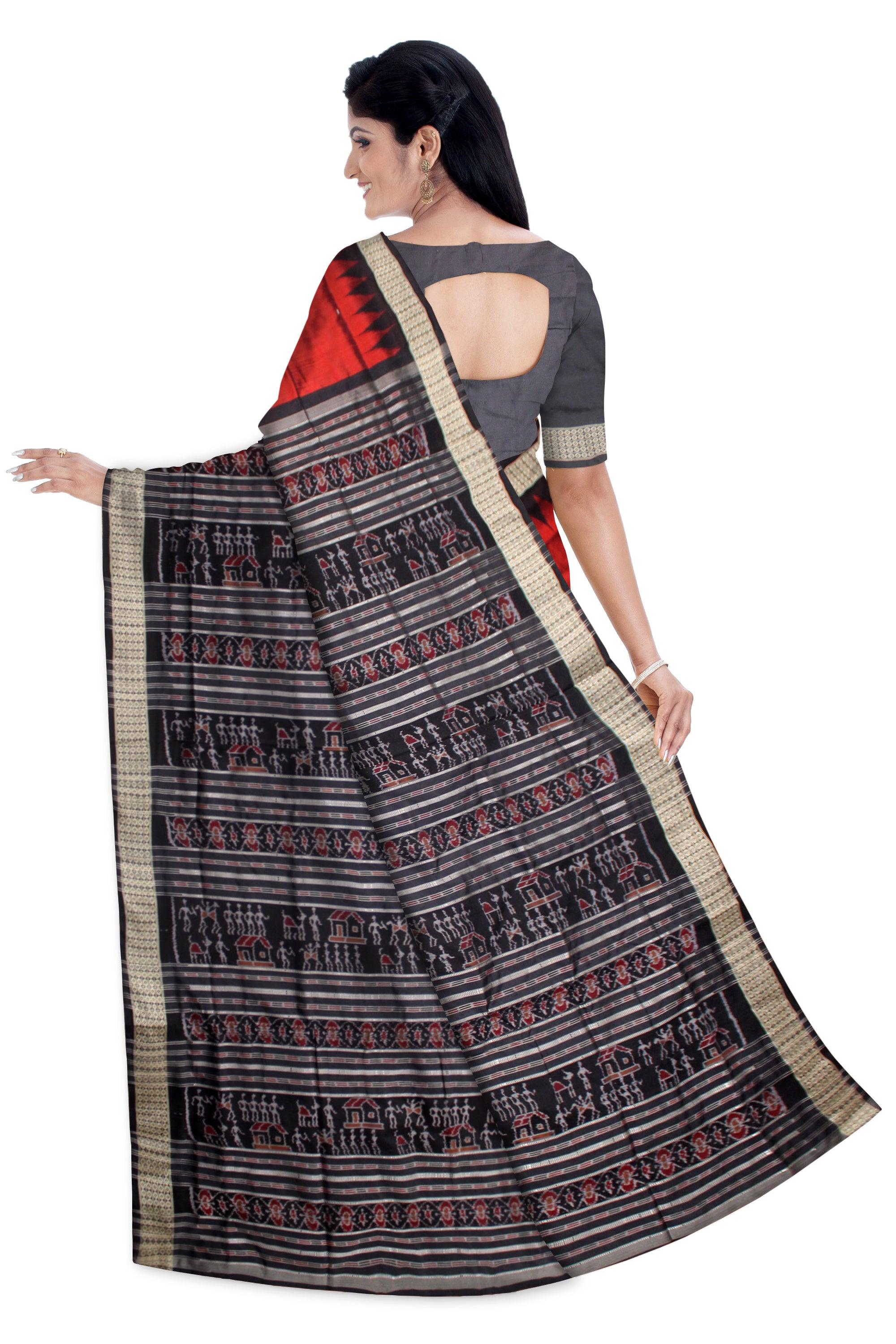 SONEPUR PURE SILK SAREE IN MAROON AND BLACK COLOR IN BOOTY DESIGN WITH SILVER COLOR BORDER WITH BLOUSE PIECE. - Koshali Arts & Crafts Enterprise