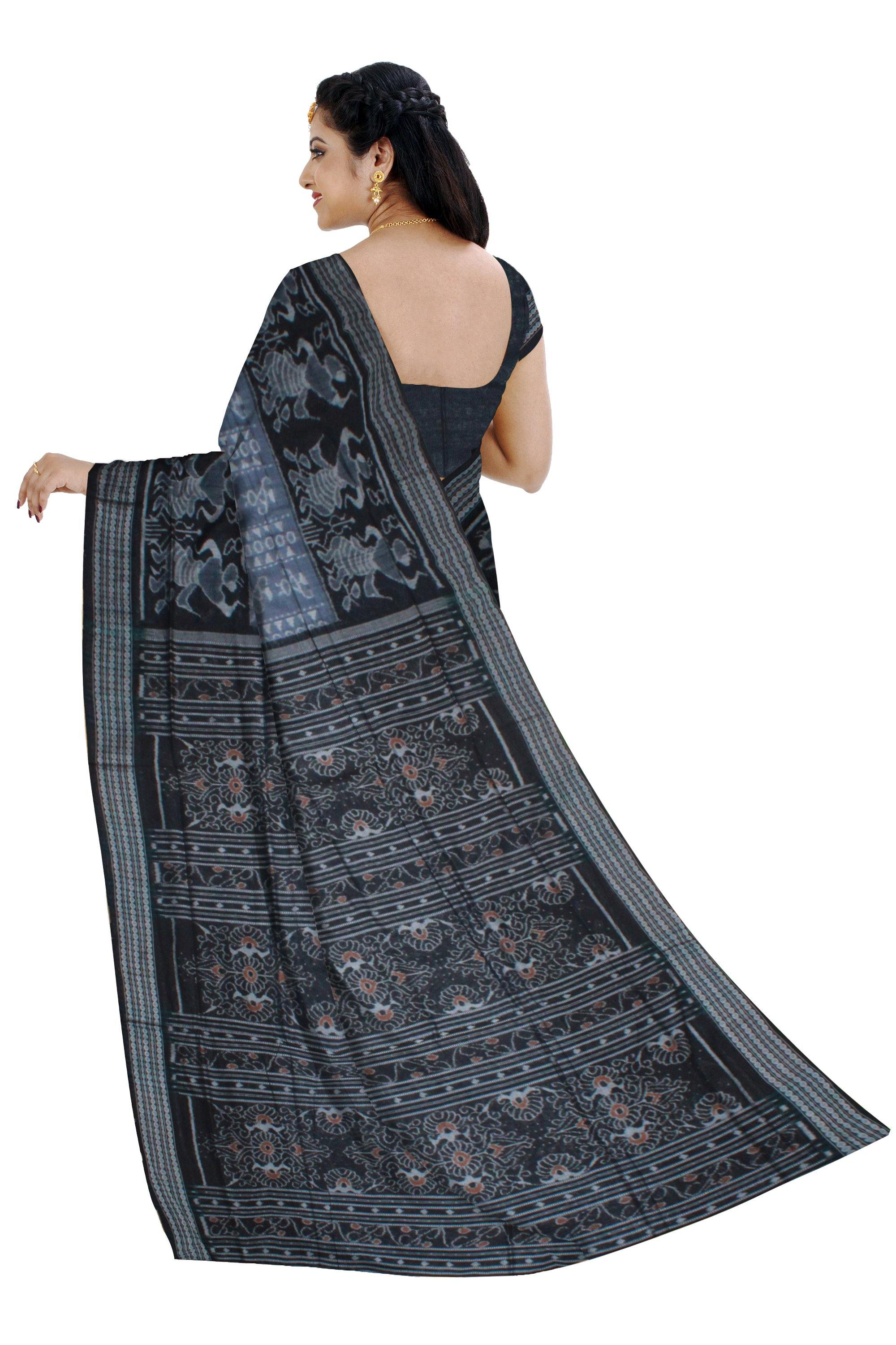 Tribal IKAT pattern Bluish Grey Sambalpuri cotton saree - Koshali Arts & Crafts Enterprise