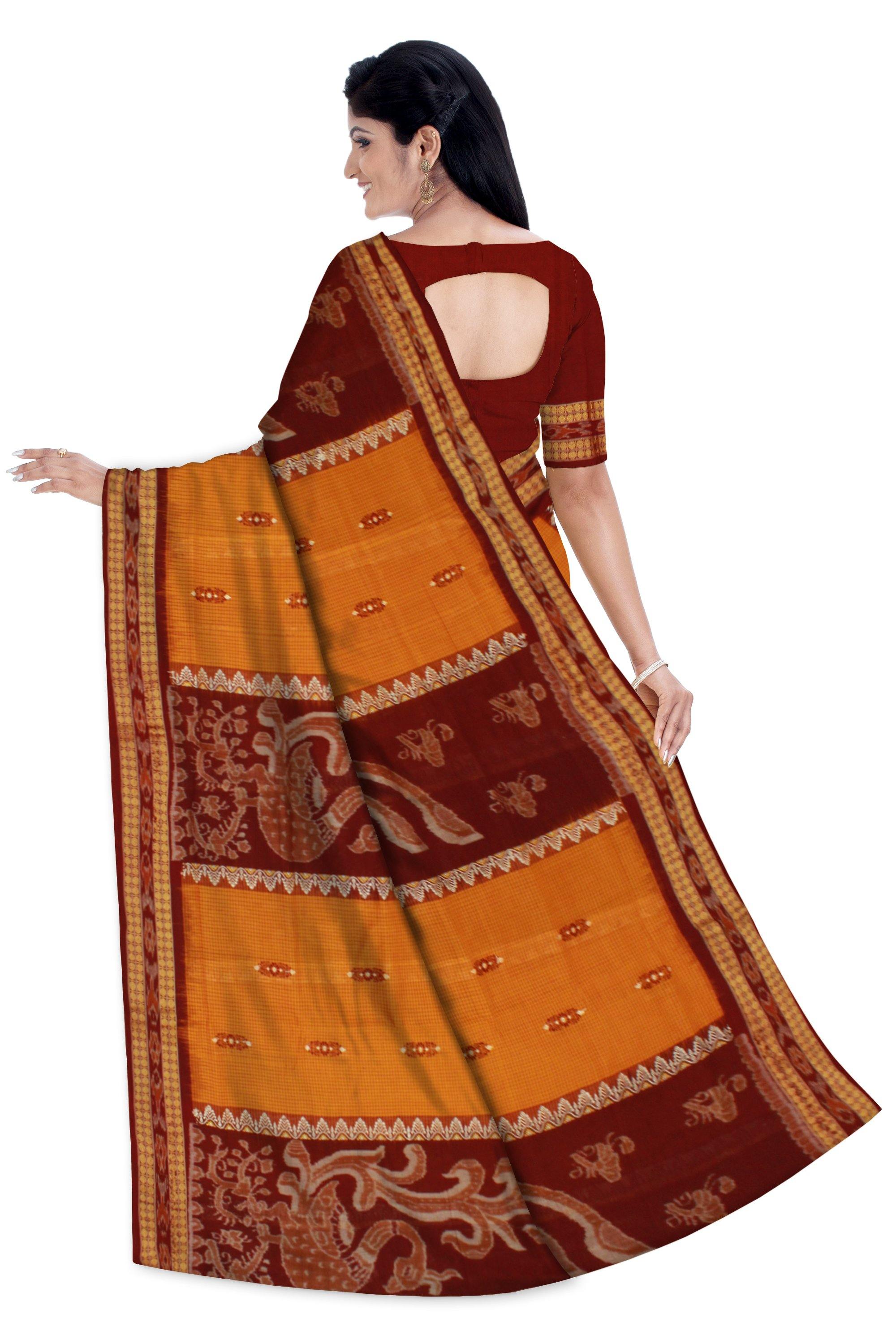 Sambalpuri Mayuri handwoven saree with Yellow & Maroon color print in body and  mayuri design in pallu IKAT saree without blouse piece - Koshali Arts & Crafts Enterprise